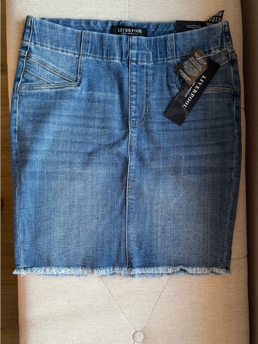 NWT Liverpool Blue Denim Frayed Hem Skirt Size 2